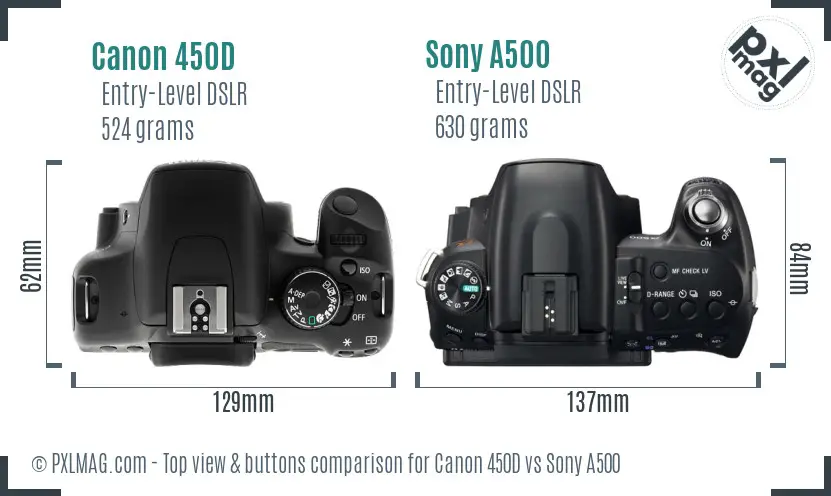 Canon 450D vs Sony A500 top view buttons comparison