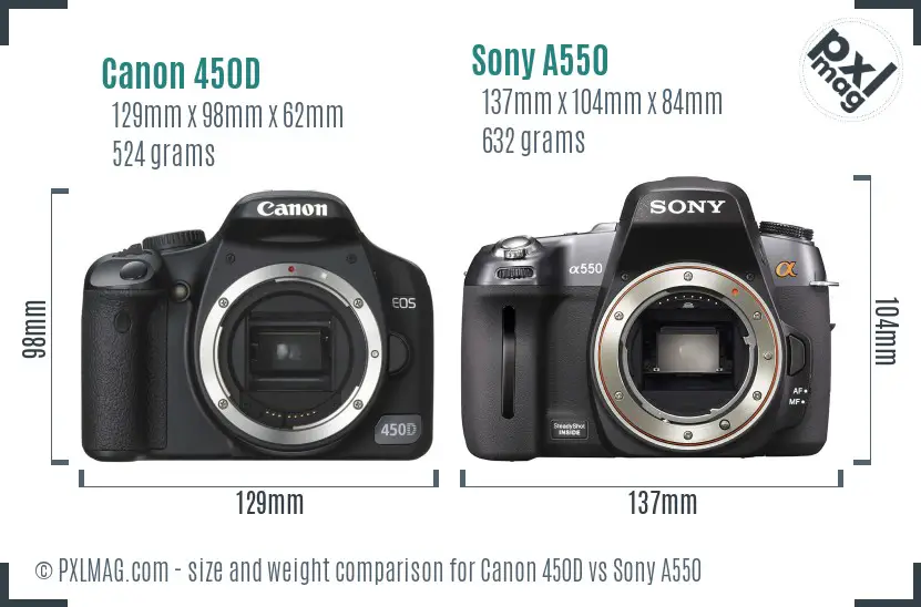 Canon 450D vs Sony A550 size comparison