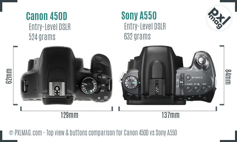 Canon 450D vs Sony A550 top view buttons comparison