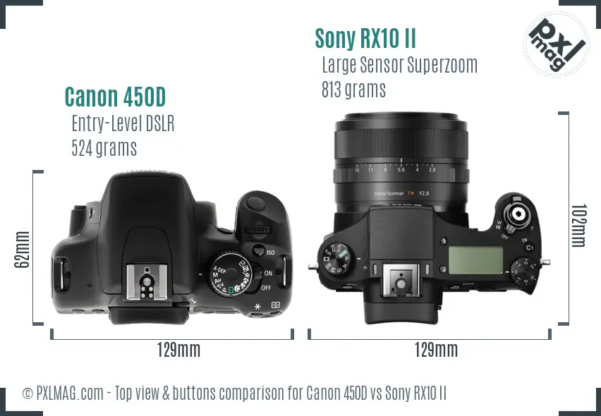 Canon 450D vs Sony RX10 II top view buttons comparison