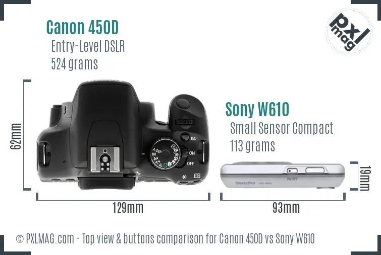 Canon 450D vs Sony W610 top view buttons comparison