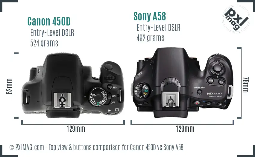 Canon 450D vs Sony A58 top view buttons comparison