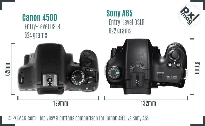 Canon 450D vs Sony A65 top view buttons comparison