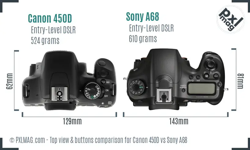 Canon 450D vs Sony A68 top view buttons comparison