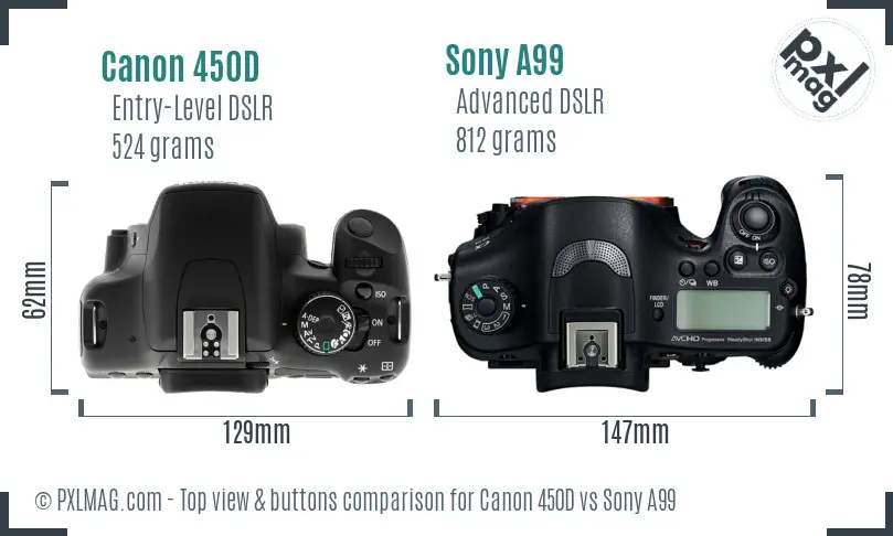 Canon 450D vs Sony A99 top view buttons comparison
