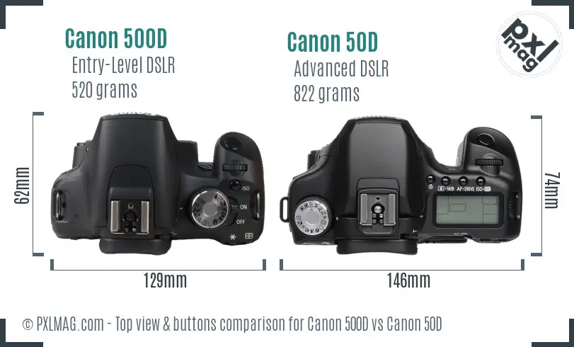 Canon 500D vs Canon 50D top view buttons comparison
