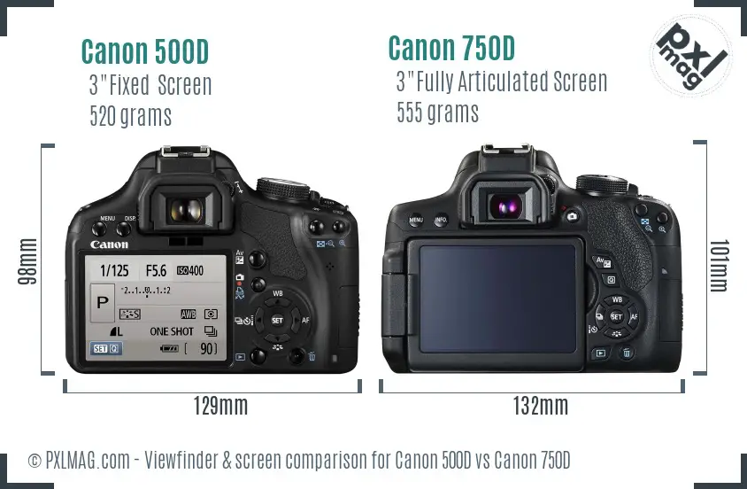 Canon 500D vs Canon 750D Screen and Viewfinder comparison