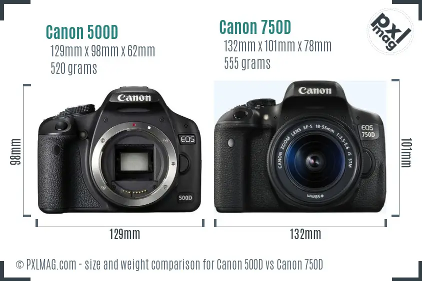 Canon 500D vs Canon 750D size comparison