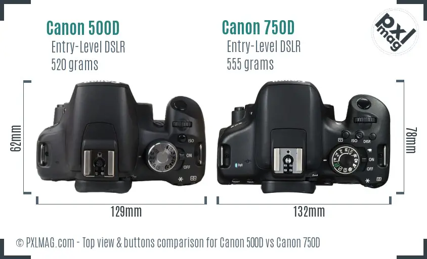 Canon 500D vs Canon 750D top view buttons comparison