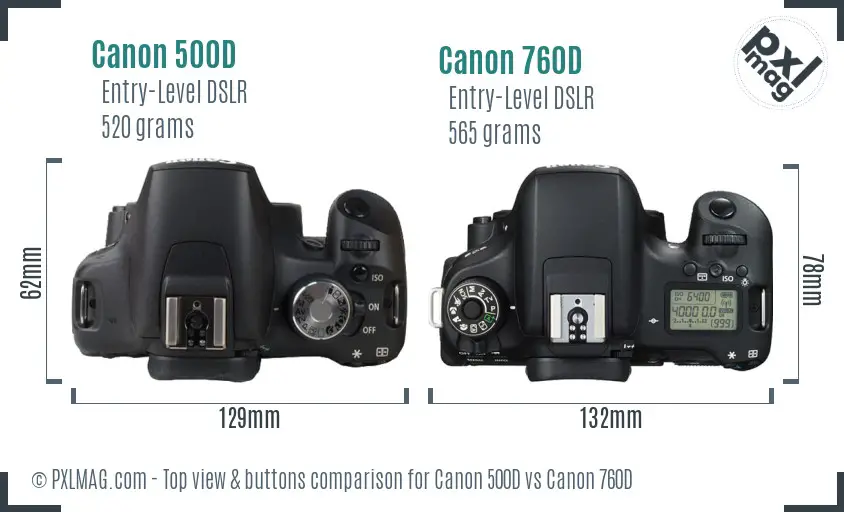 Canon 500D vs Canon 760D top view buttons comparison
