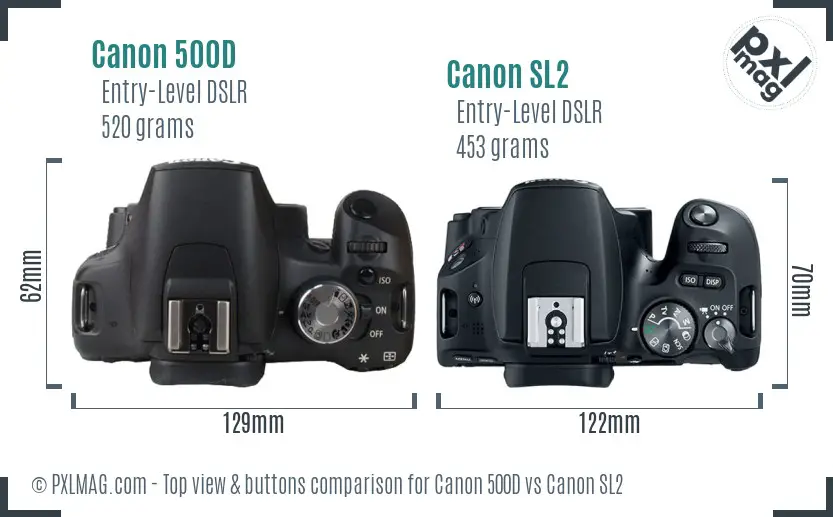Canon 500D vs Canon SL2 top view buttons comparison