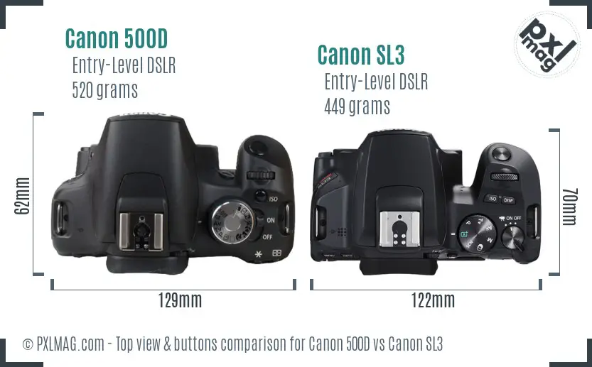 Canon 500D vs Canon SL3 top view buttons comparison