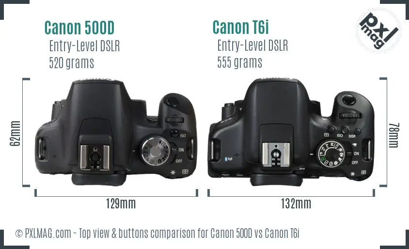 Canon 500D vs Canon T6i top view buttons comparison