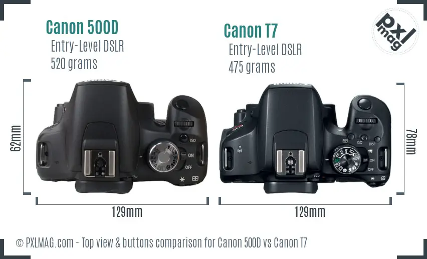 Canon 500D vs Canon T7 top view buttons comparison