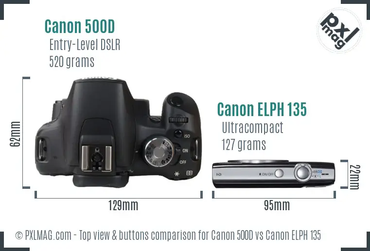 Canon 500D vs Canon ELPH 135 top view buttons comparison