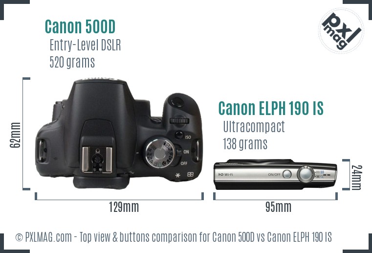 Canon 500D vs Canon ELPH 190 IS top view buttons comparison