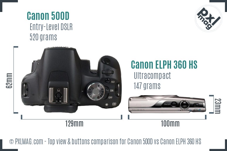 Canon 500D vs Canon ELPH 360 HS top view buttons comparison