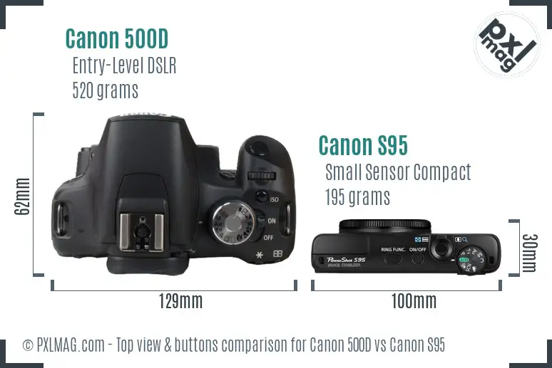 Canon 500D vs Canon S95 top view buttons comparison Canon 500D vs Canon S95 top view buttons comparison
