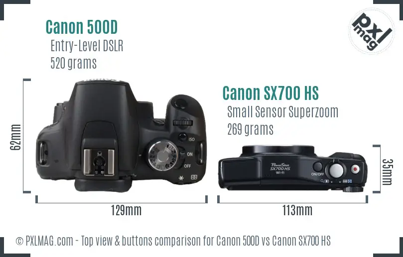 Canon 500D vs Canon SX700 HS top view buttons comparison