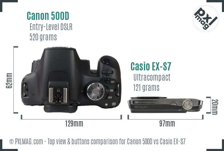 Canon 500D vs Casio EX-S7 top view buttons comparison