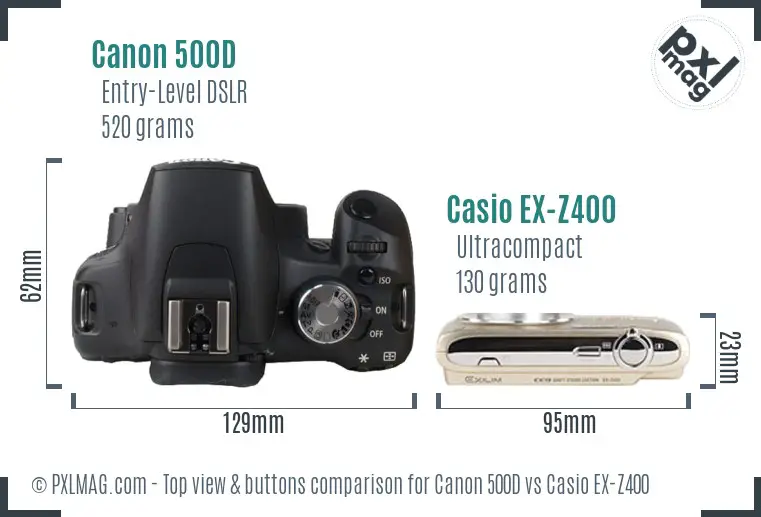 Canon 500D vs Casio EX-Z400 top view buttons comparison