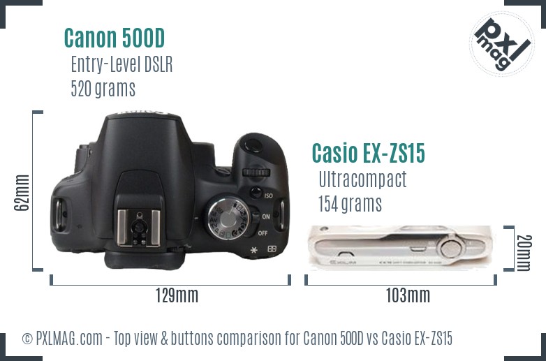 Canon 500D vs Casio EX-ZS15 top view buttons comparison