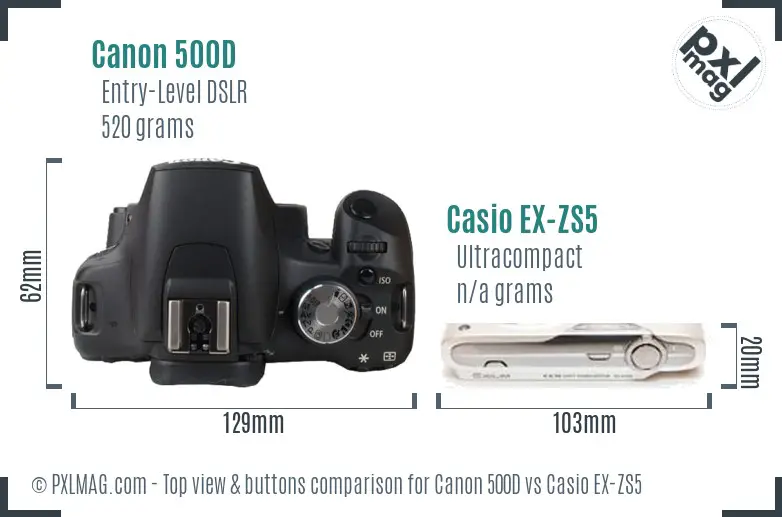 Canon 500D vs Casio EX-ZS5 top view buttons comparison