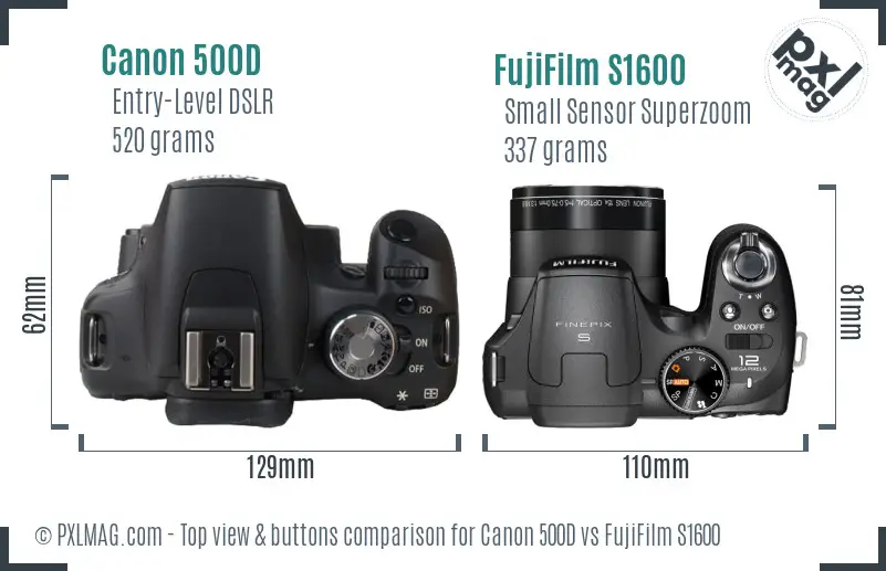Canon 500D vs FujiFilm S1600 top view buttons comparison