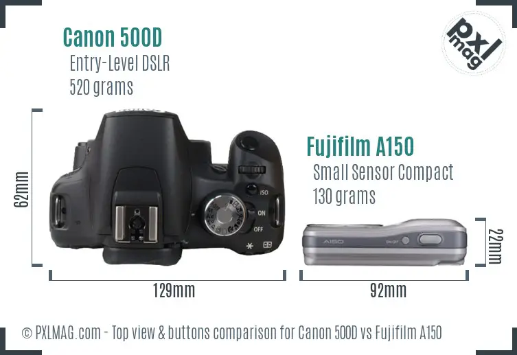 Canon 500D vs Fujifilm A150 top view buttons comparison