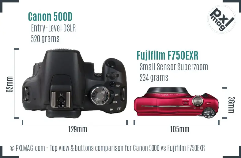 Canon 500D vs Fujifilm F750EXR top view buttons comparison Canon 500D vs Fujifilm F750EXR top view buttons comparison