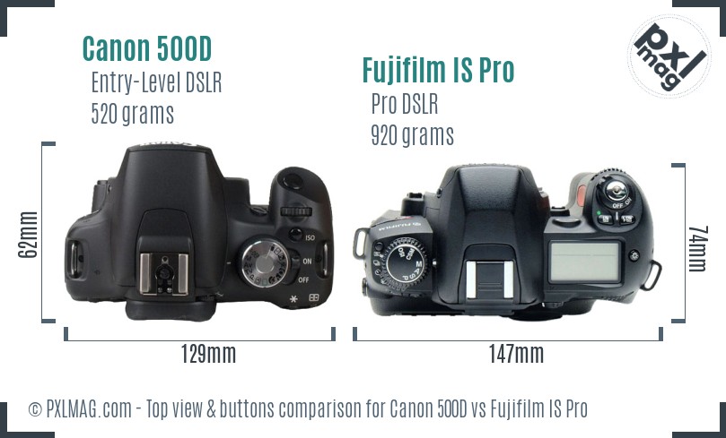 Canon 500D vs Fujifilm IS Pro top view buttons comparison