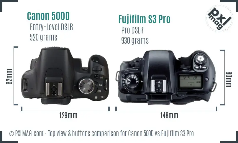 Canon 500D vs Fujifilm S3 Pro top view buttons comparison