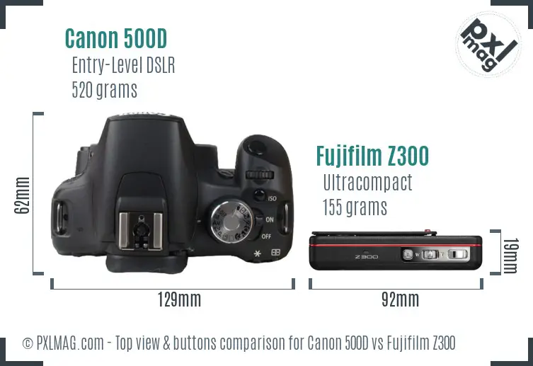 Canon 500D vs Fujifilm Z300 top view buttons comparison
