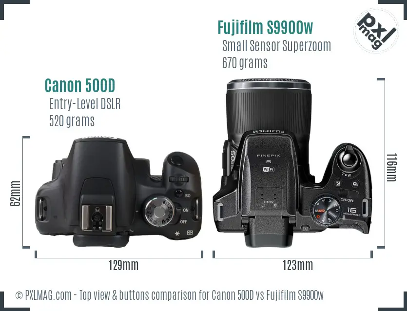 Canon 500D vs Fujifilm S9900w top view buttons comparison