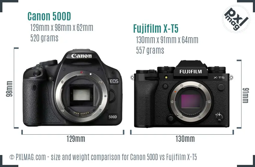 Canon 500D vs Fujifilm X-T5 size comparison Canon 500D vs Fujifilm X-T5 size comparison