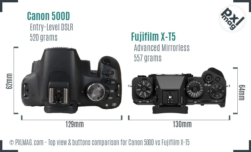Canon 500D vs Fujifilm X-T5 top view buttons comparison Canon 500D vs Fujifilm X-T5 top view buttons comparison