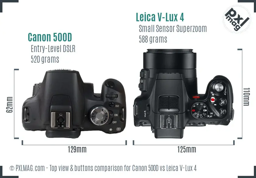 Canon 500D vs Leica V-Lux 4 top view buttons comparison
