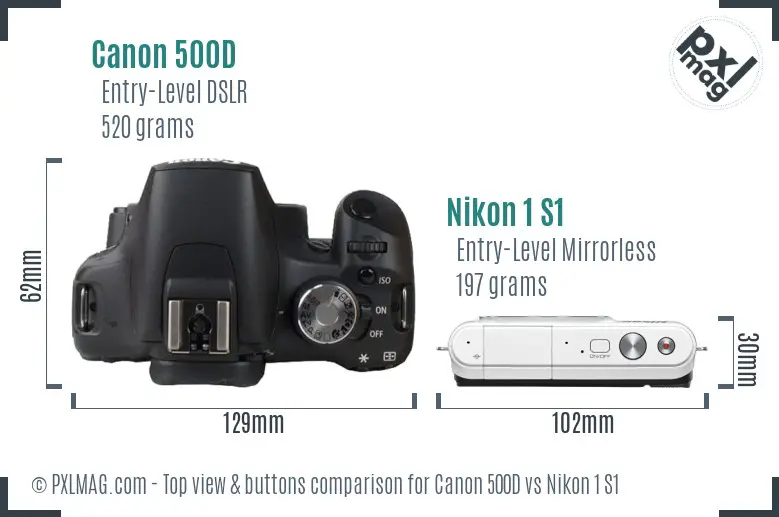 Canon 500D vs Nikon 1 S1 top view buttons comparison