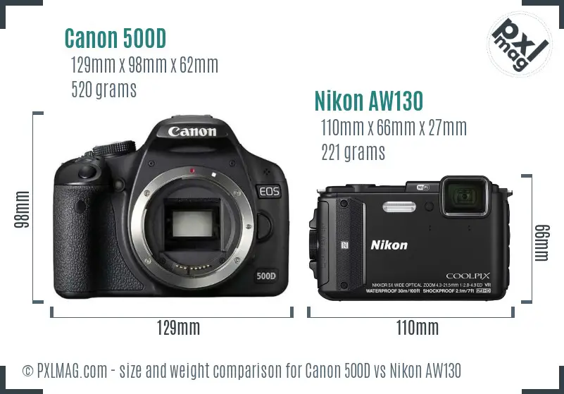 Canon 500D vs Nikon AW130 size comparison