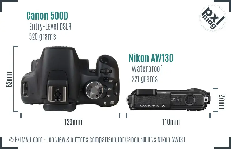Canon 500D vs Nikon AW130 top view buttons comparison