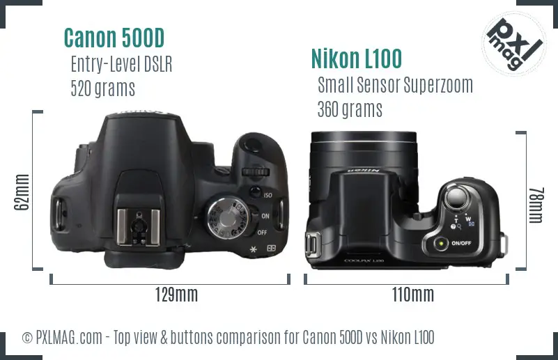 Canon 500D vs Nikon L100 top view buttons comparison Canon 500D vs Nikon L100 top view buttons comparison