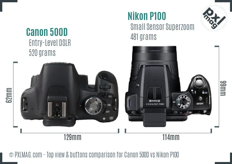 Canon 500D vs Nikon P100 top view buttons comparison Canon 500D vs Nikon P100 top view buttons comparison