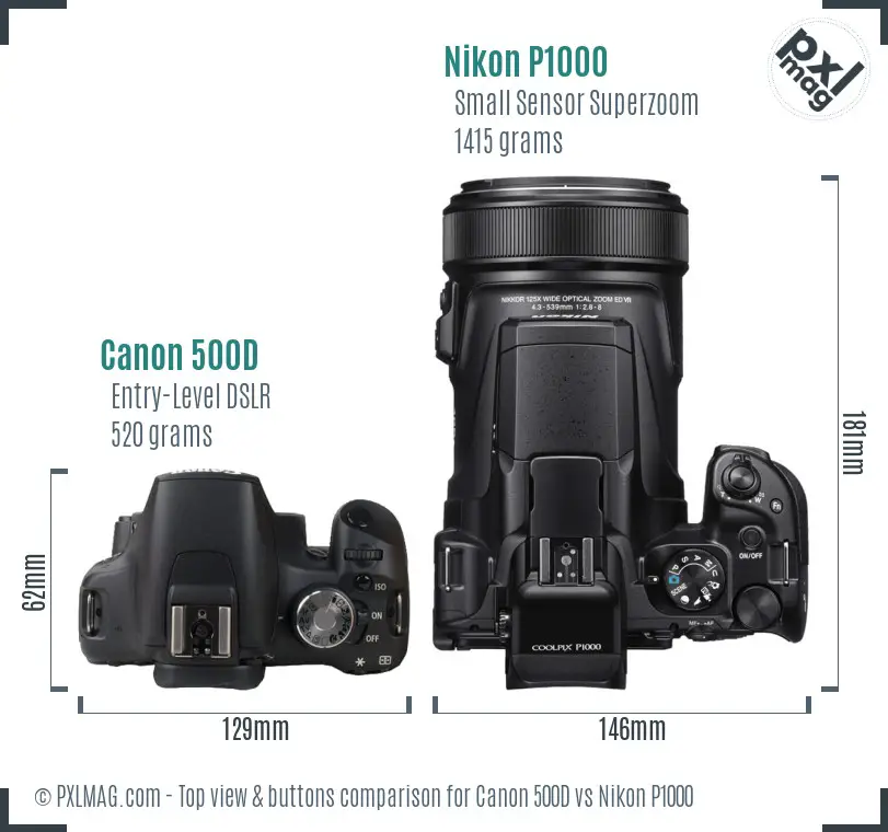 Canon 500D vs Nikon P1000 top view buttons comparison Canon 500D vs Nikon P1000 top view buttons comparison