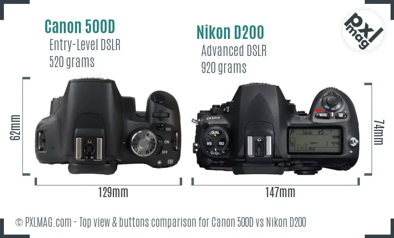 Canon 500D vs Nikon D200 top view buttons comparison