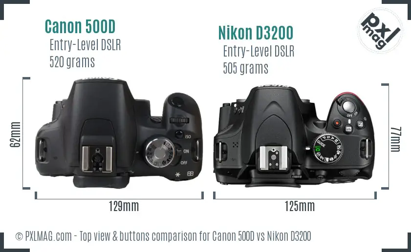 Canon 500D vs Nikon D3200 top view buttons comparison