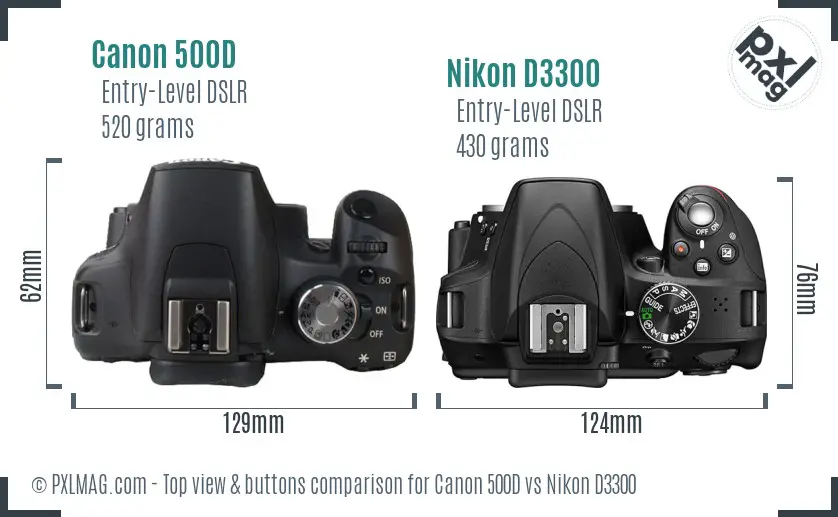 Canon 500D vs Nikon D3300 top view buttons comparison Canon 500D vs Nikon D3300 top view buttons comparison