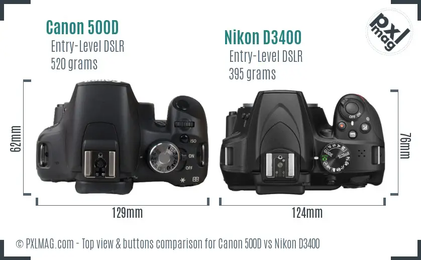 Canon 500D vs Nikon D3400 top view buttons comparison