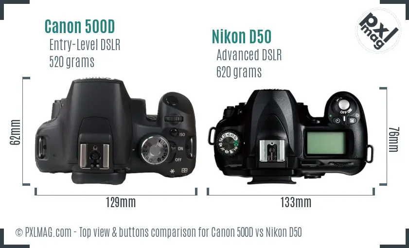Canon 500D vs Nikon D50 top view buttons comparison