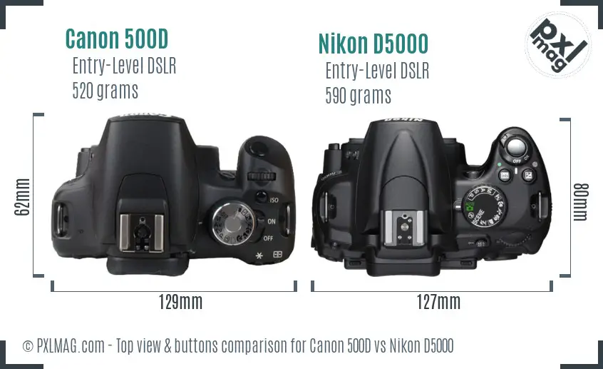 Canon 500D vs Nikon D5000 top view buttons comparison