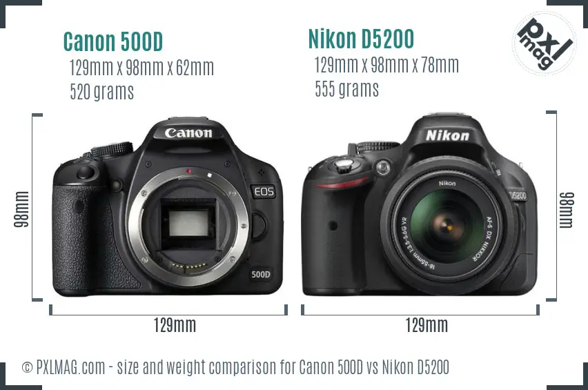 Canon 500D vs Nikon D5200 size comparison